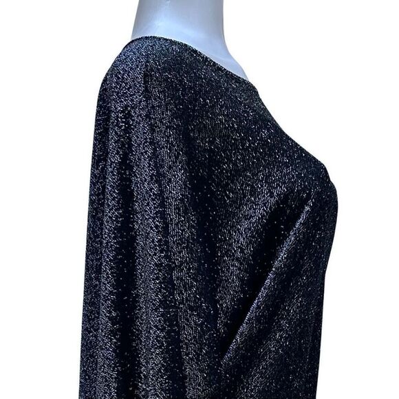 Joanna Sweater Blouse Women's Large Black Sparkly Mylar Blend Smocked Hem - Picture 4 of 16